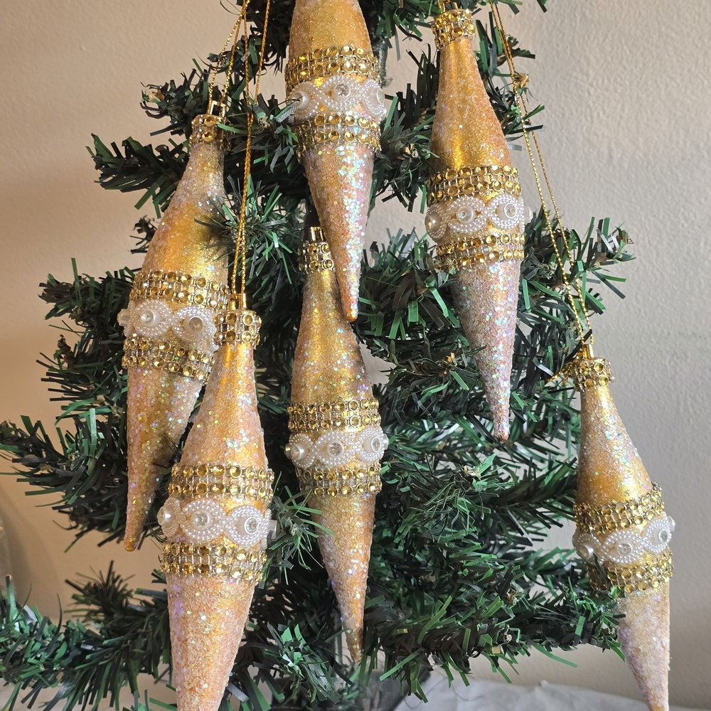 Elegant Gold and White Holiday Cone Ornaments 6 New Pieces 6 Inch Handmade